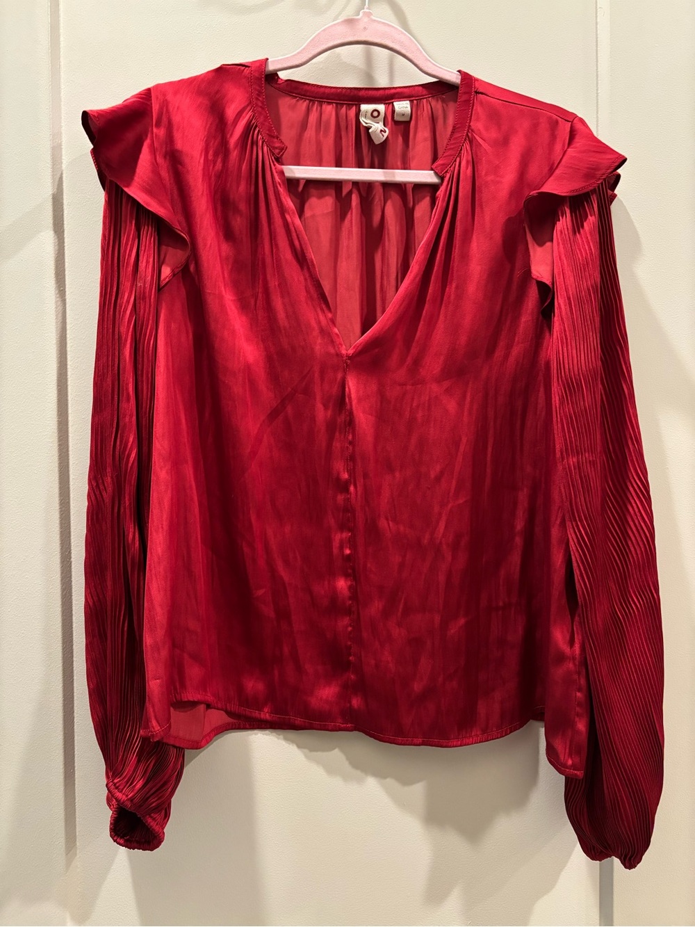 Anthropologie brand DOLAN Crimson V-Neck Pleated-Sleeve Blouse